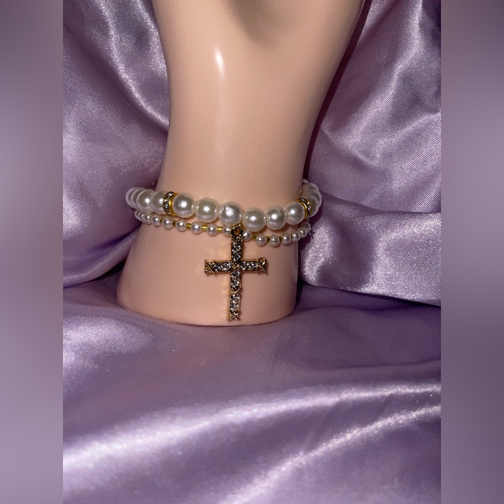 Pearls and cross charm bracelet